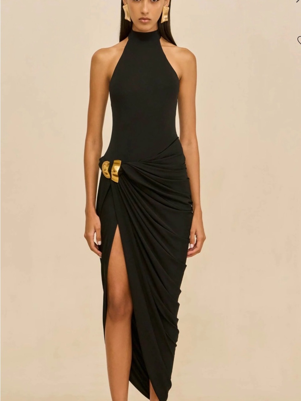cult gaia Sutton Black Midi Dress with Gold Buckle size 8